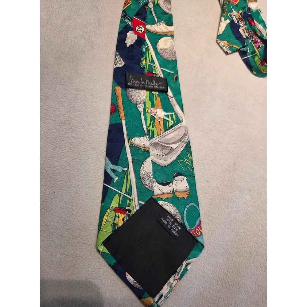 Nicole Miller Golf Tie Silk Green Novelty Necktie Golfer In The Ruff 1993 Mens